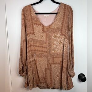 Promesa Boho Floral Print Long Sleeve Blouse Top Small Tan Beige Open Back